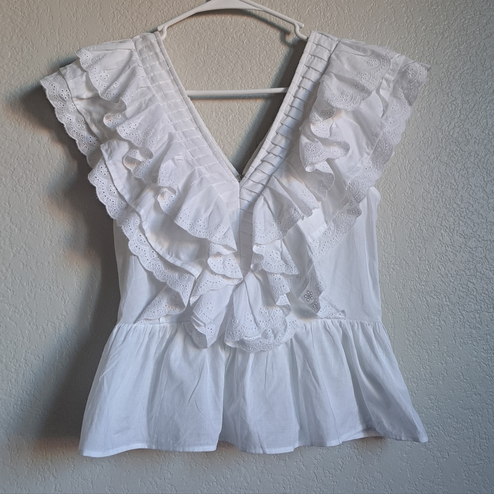 Express Cotton White Ruffled V-Neck Blouse Top Size XS